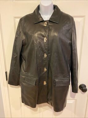 Nicole Miller Black Leather Button-Front Coat with Gold Hardware